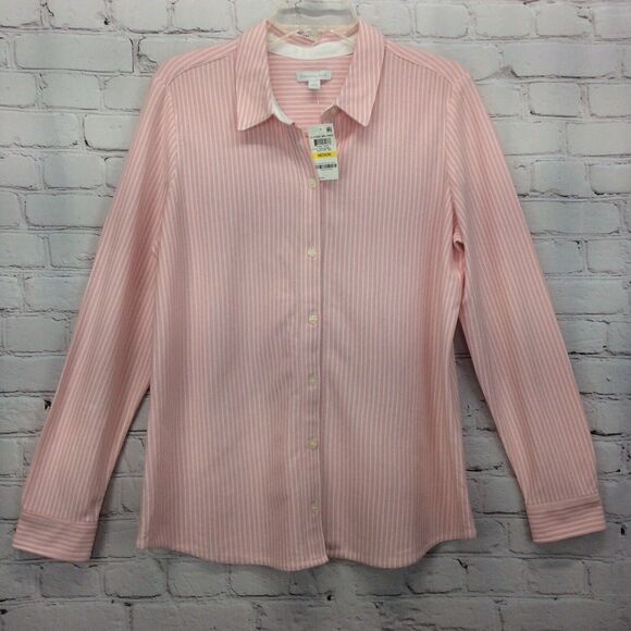 Charter Club Shirt Women's Size M Button Up Pink/White Striped Casual Beachy NWT - Picture 1 of 7